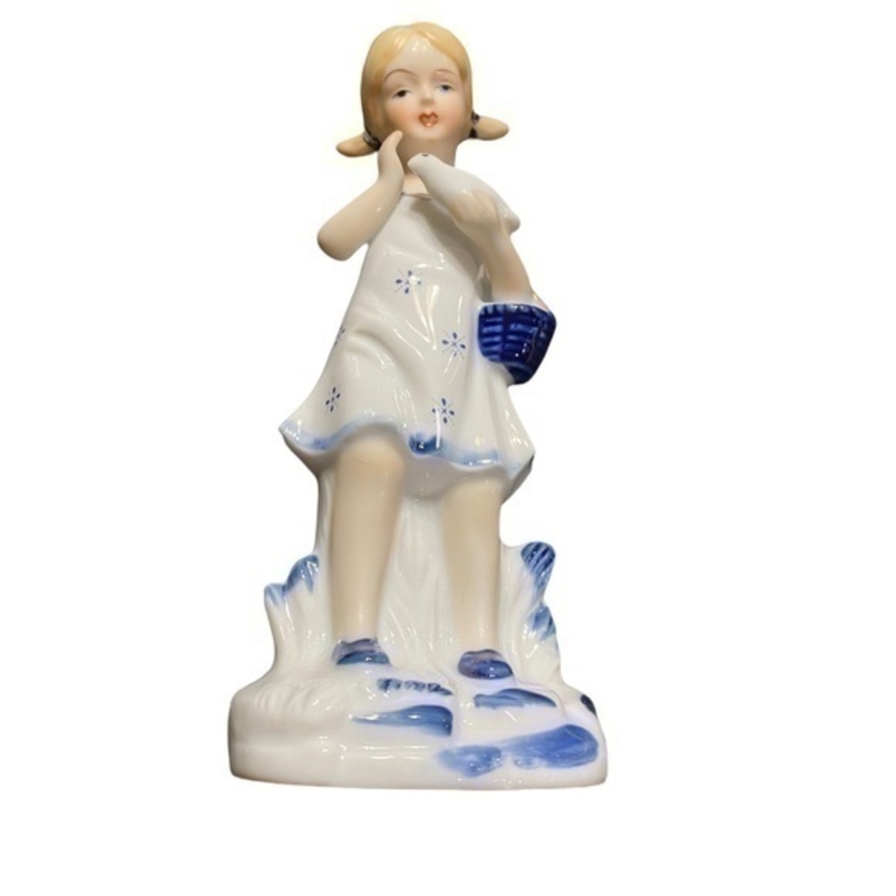 Vintage Porcelain Girl Holding a Dove and Basket Figurine